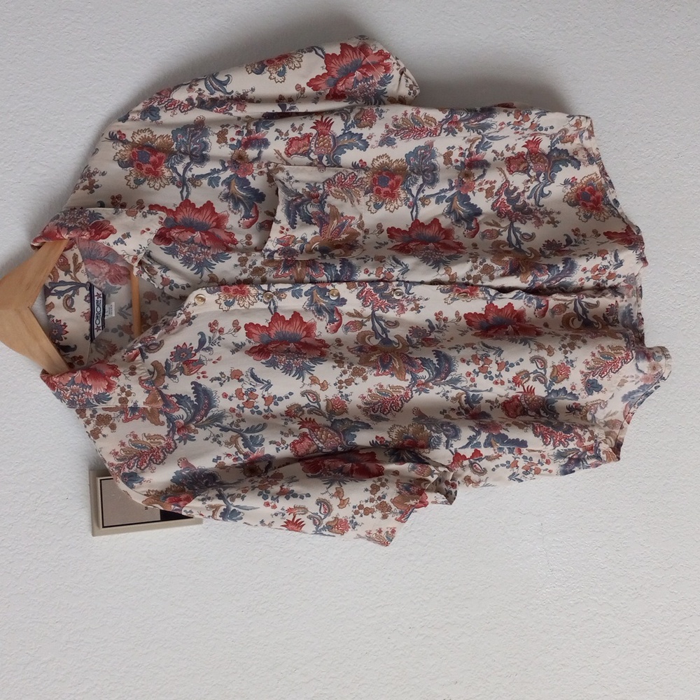 Cherokee Cream Button-Down Shirt with Red and Blue Floral Print